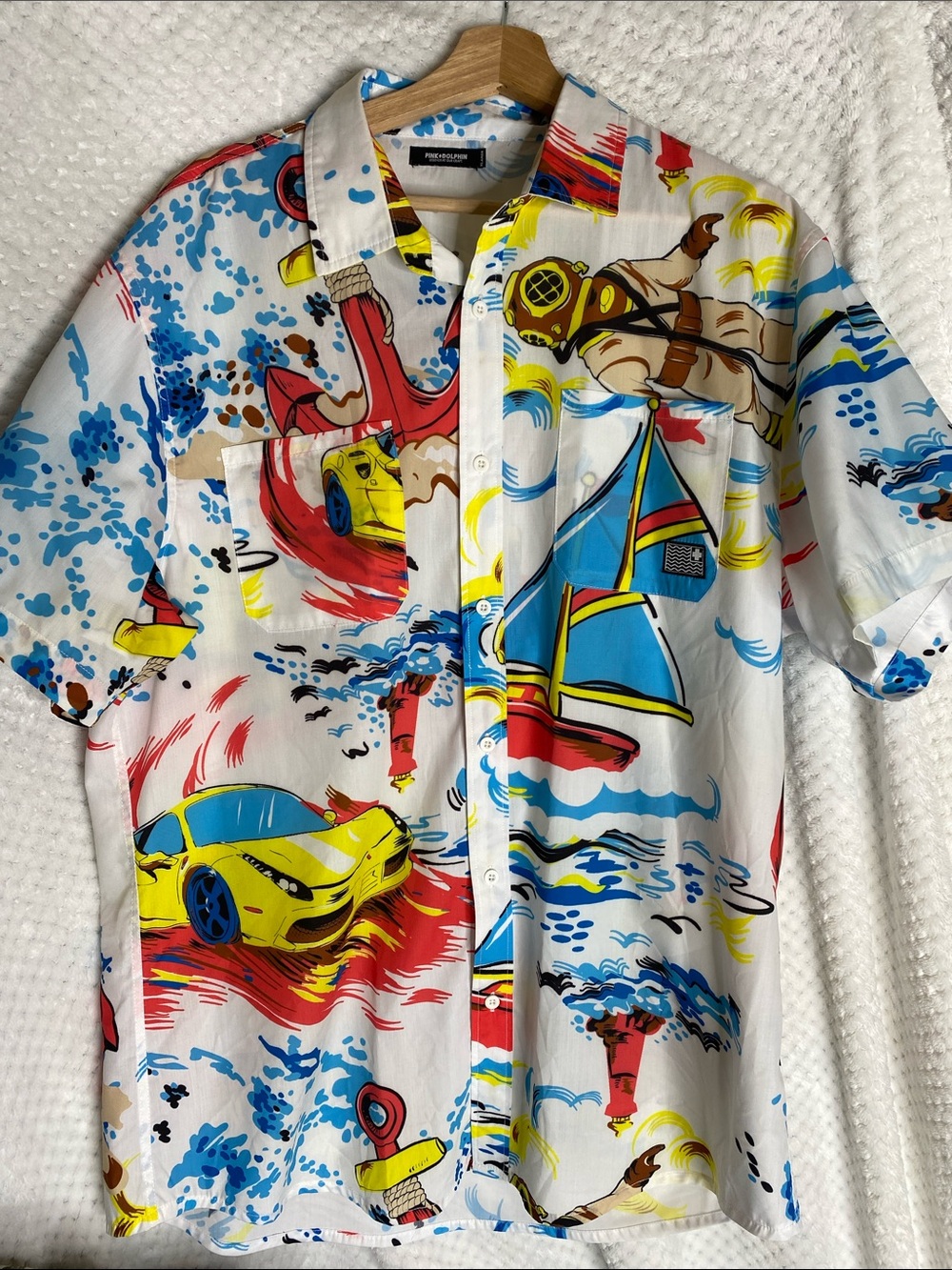 Pink + Dolphin Race Wave Nautical Sports Car Print Short Sleeve Shirt